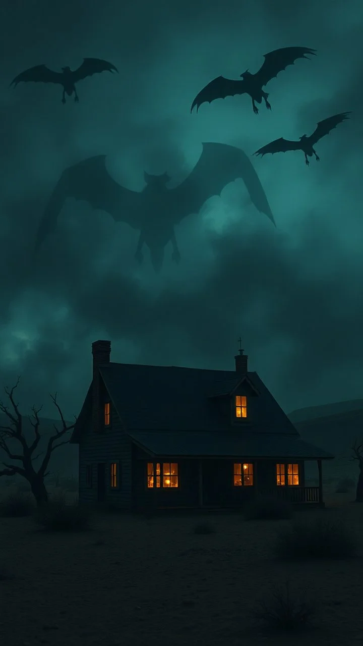 A house in the desert at nigh with a scary sky filled with flying giants shadows creatures above in foggy skies and dim lights coming out of the windows of the house , a very scary scene out of this world