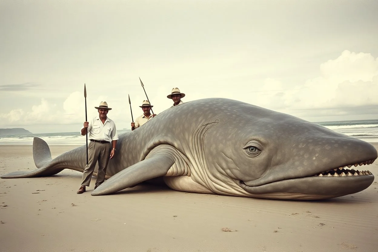 1930's washed out faded color photography of European explorers dressed in khaki pants and clean pressed white button-down shirts and safari hats holding spears posing on a beach, limp knocked out colossal fantastical eely sea creature washed up on beach in front of them, absurd, realism,