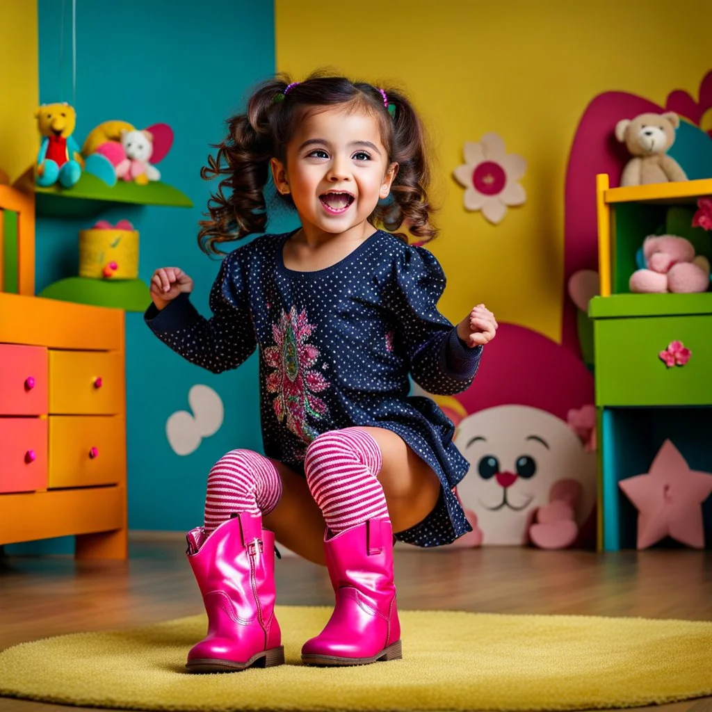 a 4 years old azeri girl in modern clothing and makeup dancing with cute and joy with pertty boots in a baby bedroom