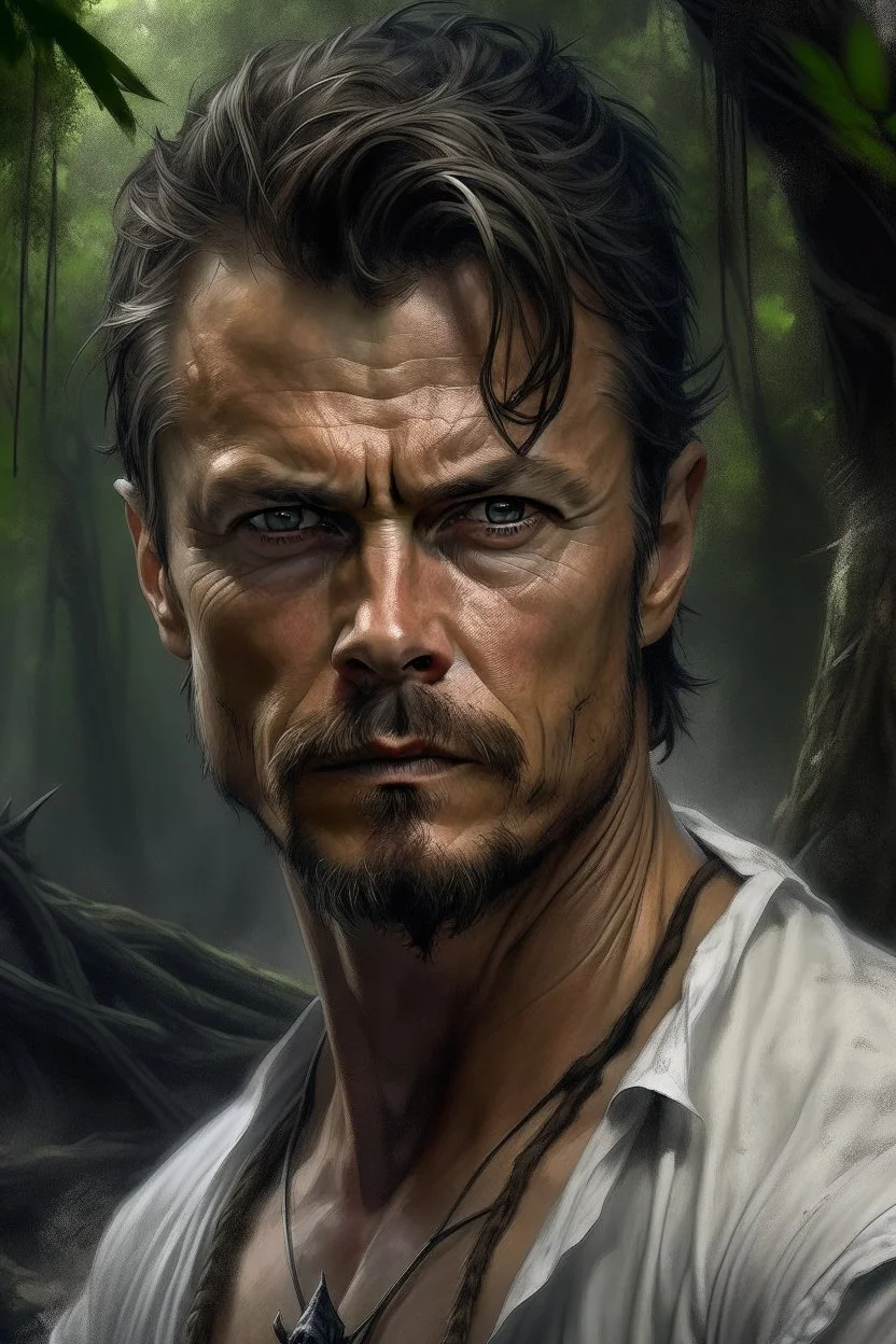 Portait Josh Duhamel as fantasy alpha male very muscular short cropped hair and rough beard, tribal tattoos wearing white button up shirt with rolled up sleeves realistic face, close-up, dark fantasy, fantasy forest, intricate details, hyper detailed, photograph