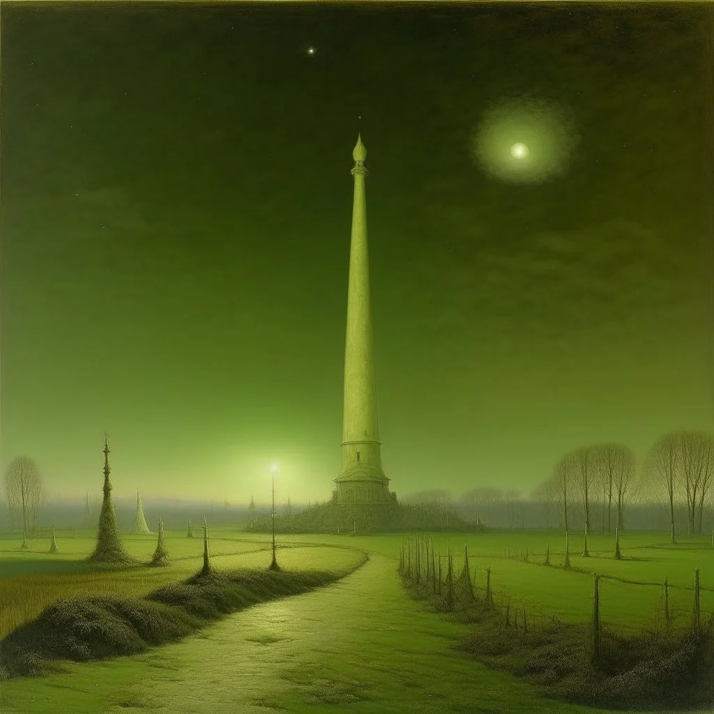 A pale greenish white missile facility in the sky painted by John Atkinson Grimshaw