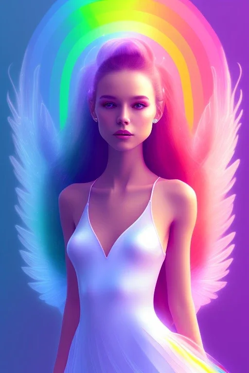 smiling girl, cute, beautiful, long hair, rainbows, fairy wings, light pastel colors, bright, transparent dress