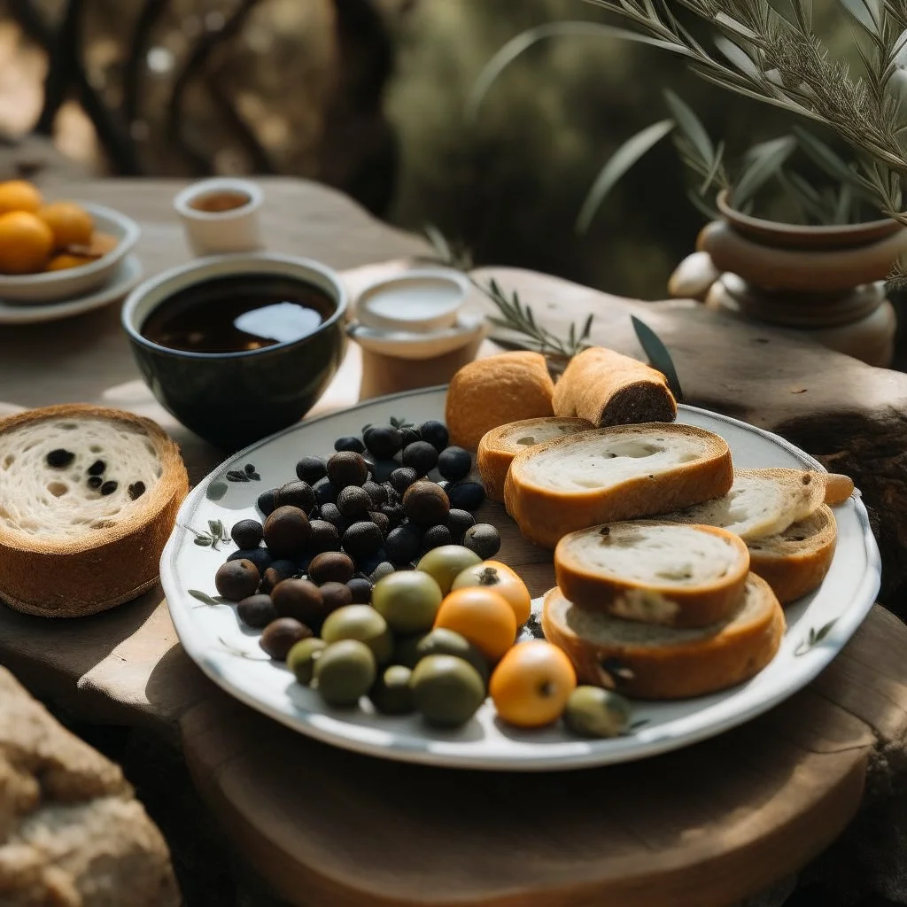 A plate of olives, surrounded by a breakfast of cheese and bread, and a cup of hot tea found in nature