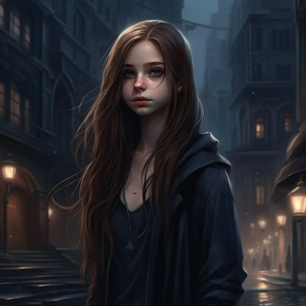 pretty girl, conventionally attractive, dark clothes, realism, dreamy, tight top, age 13, sorcerer, city