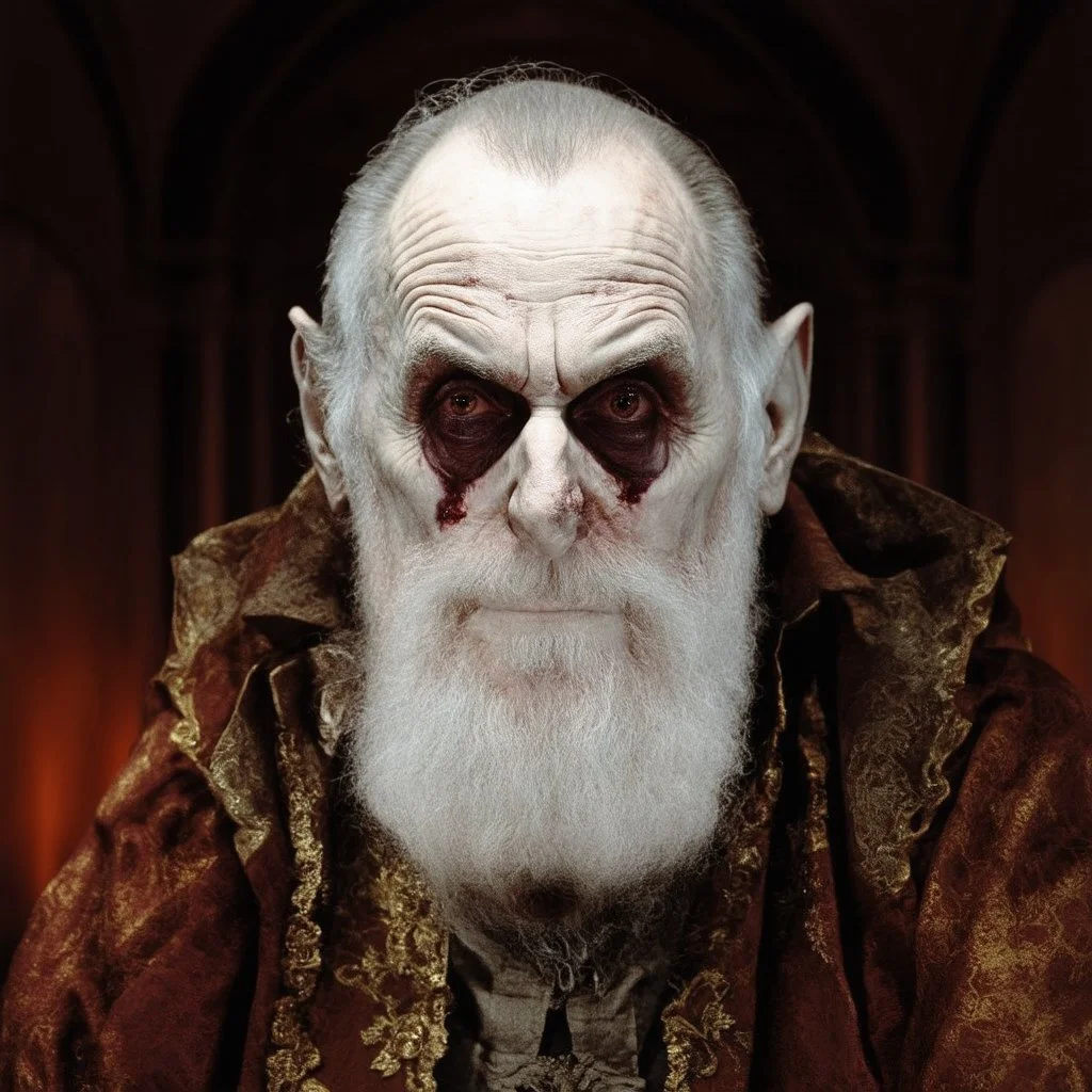very grainy discolored modern photo, closeup portrait, dark ancient hall with no lights, grunge, extremely old male with chalk-white skin wearing old dashing and opulent gilded clothes, threatening, imposing, nosferatu