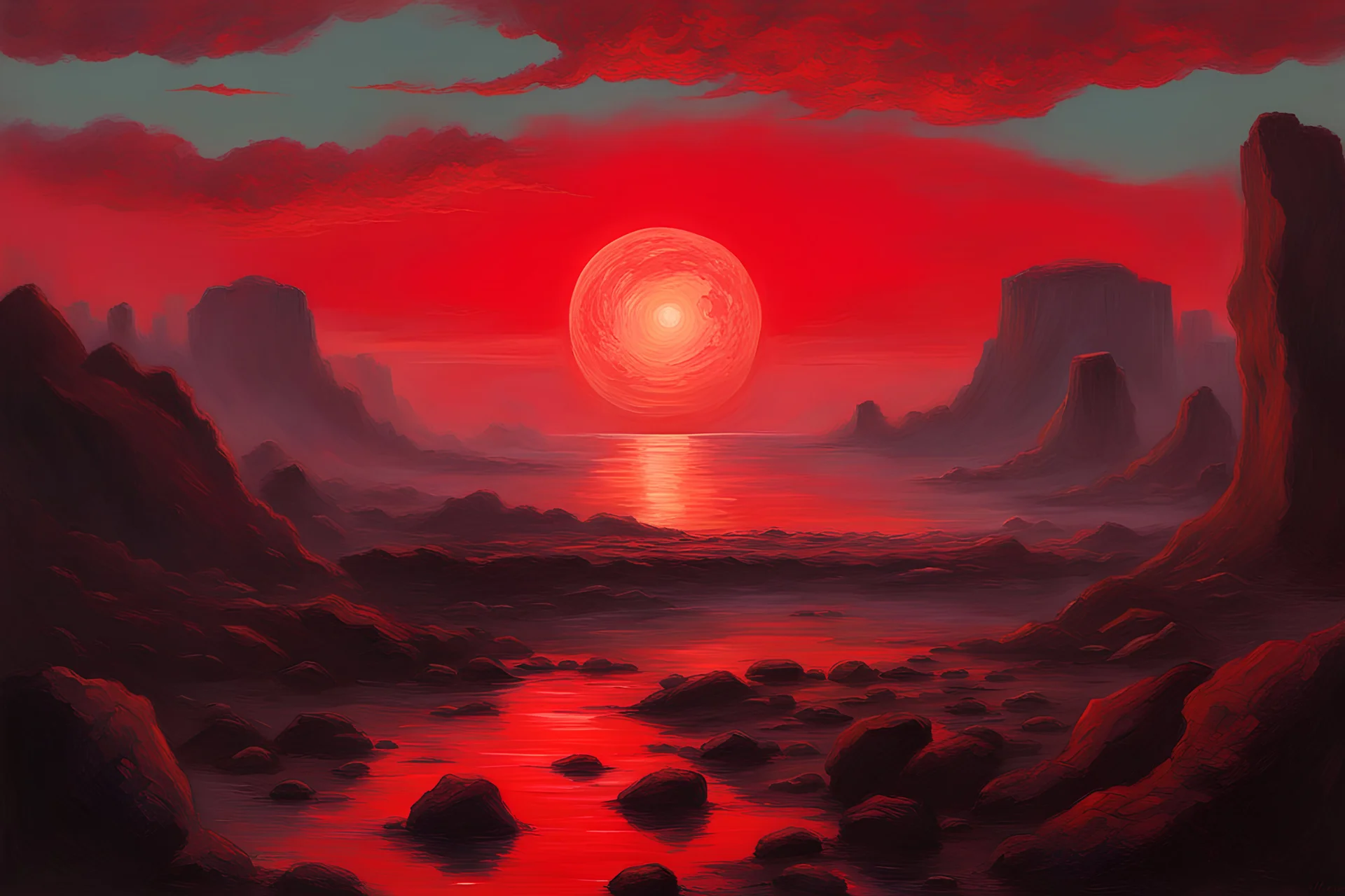 Red sky with one exoplanet in the horizon, rocks, mountains, 80's sci-fi movies influence, rodolphe wytsman impressionism paintings