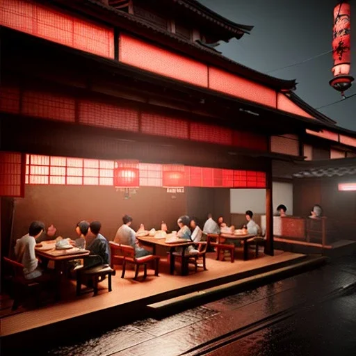 Escena de restaurante japonés lleno de personas comiendo, foto realismo, estilo blade runner.