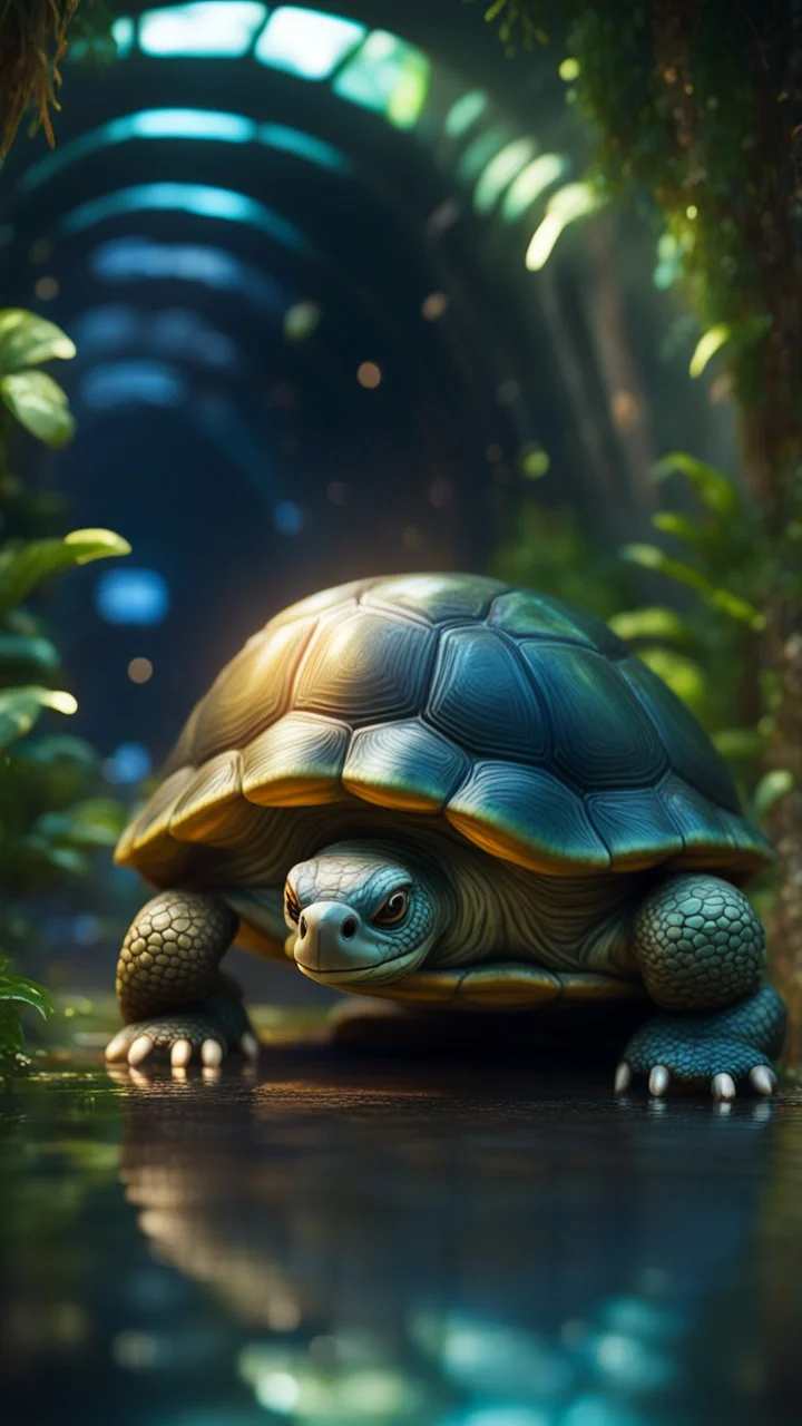 Austrich turtle with friendly cute face and hair locks in dark lit reflective wet jungle metallic hall dome hotel tunnel, in the style of a game,bokeh like f/0.8, tilt-shift lens 8k, high detail, smooth render, down-light, unreal engine, prize winning