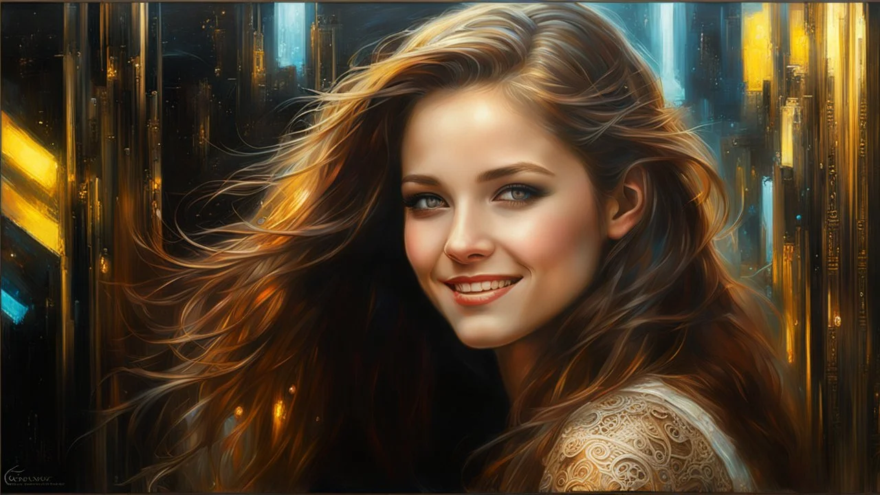 In Casey Baugh's evocative style, art of a beautiful young smiling girl cyborg with long brown hair, futuristic, scifi, intricate, lace, elegant, highly detailed, majestic, Baugh's brushwork infuses the painting with a unique combination of realism and abstraction, greg rutkowski, surreal gold filigree, broken glass, (masterpiece, sidelighting, finely detailed beautiful eyes: 1.2), hdr, realistic painting, natural skin, textured skin, closed mouth, crystal eyes, butterfly filigree, chest armor,