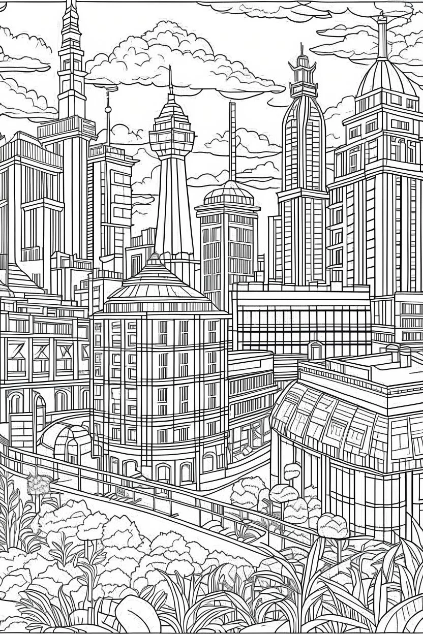 various architectural landmarks and cityscapes, coloring book page, simple and clean line art, adult drawing book, black and white, crisp black lines, no shades, sharp lines, coloring book for adults, cartoon style, landscape