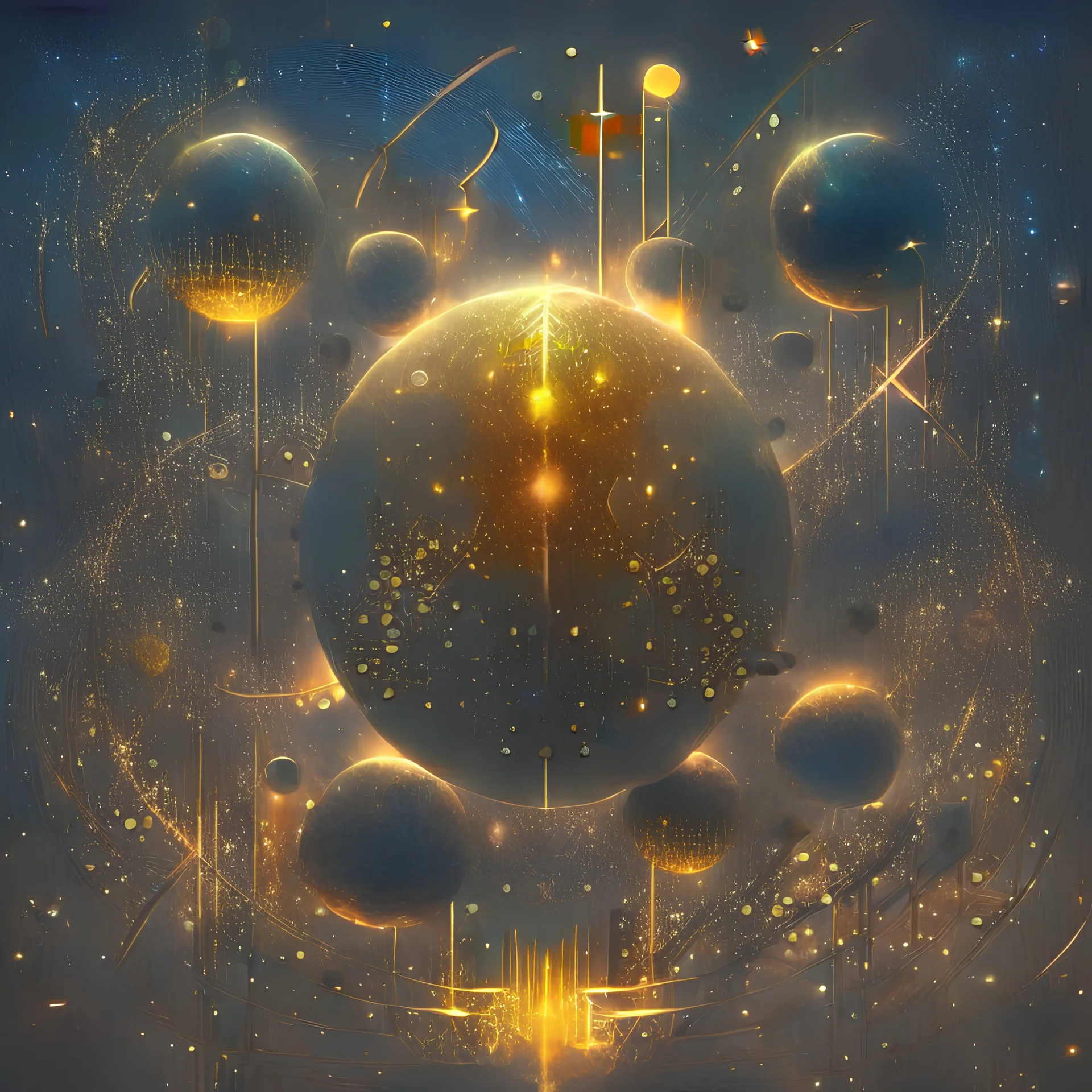 Develop a captivating cover art featuring an otherworldly constellation of golden musical notes and ethereal light orbs set against a deep black sky. The radiant golden hues of the notes and orbs contrast beautifully with the darkness, symbolizing the AI-generated harmonies that illuminate the musical landscape.