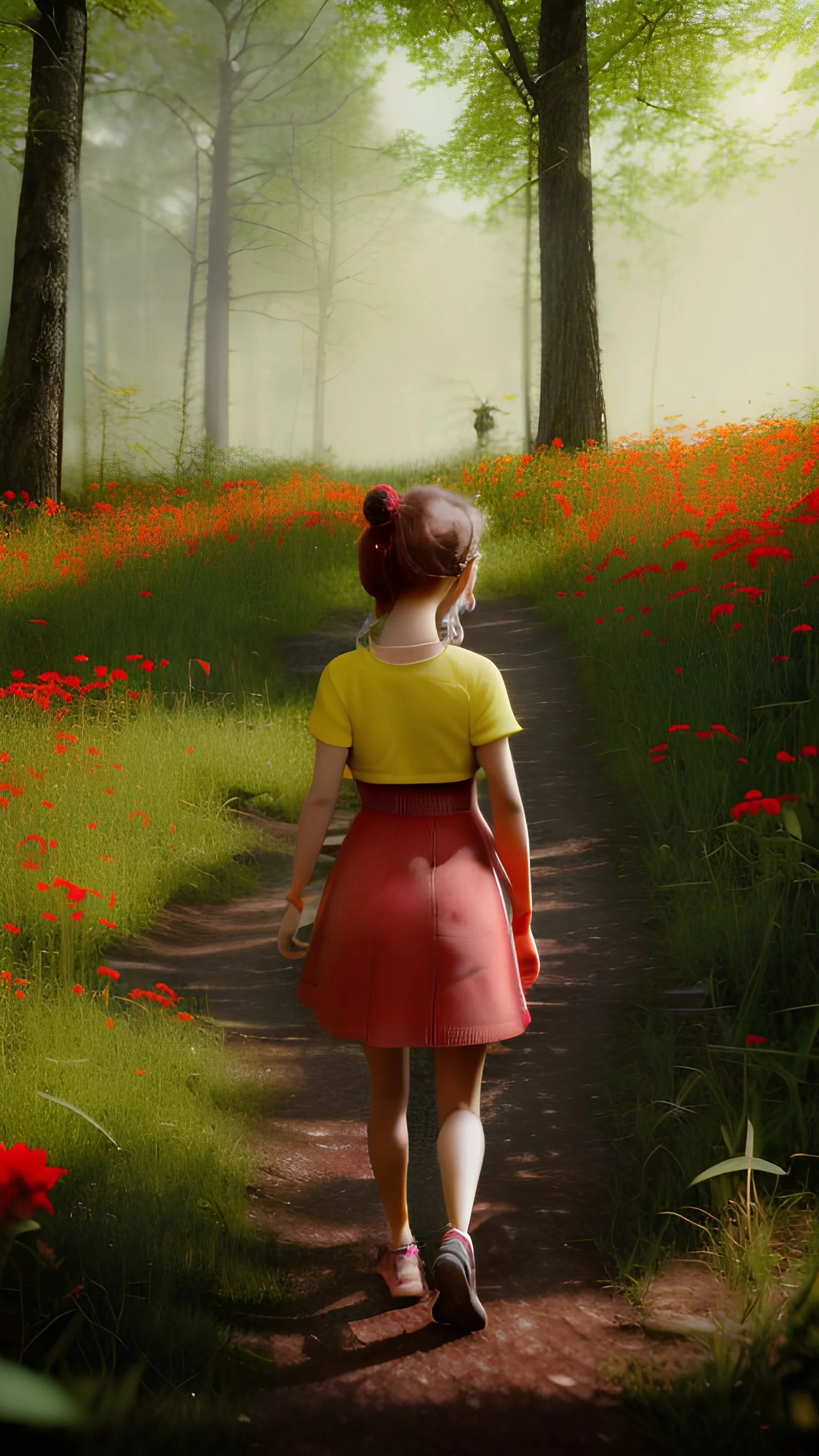 bright colorful with young girl walking in woods, lots of red flowers, with a yellow dog