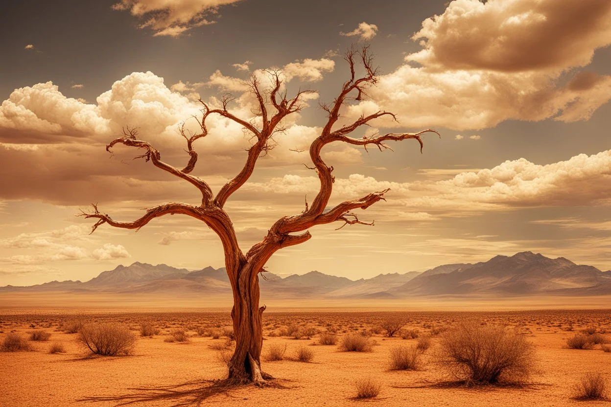 epic clouds, arid land, distant mountains, dry trees, epic