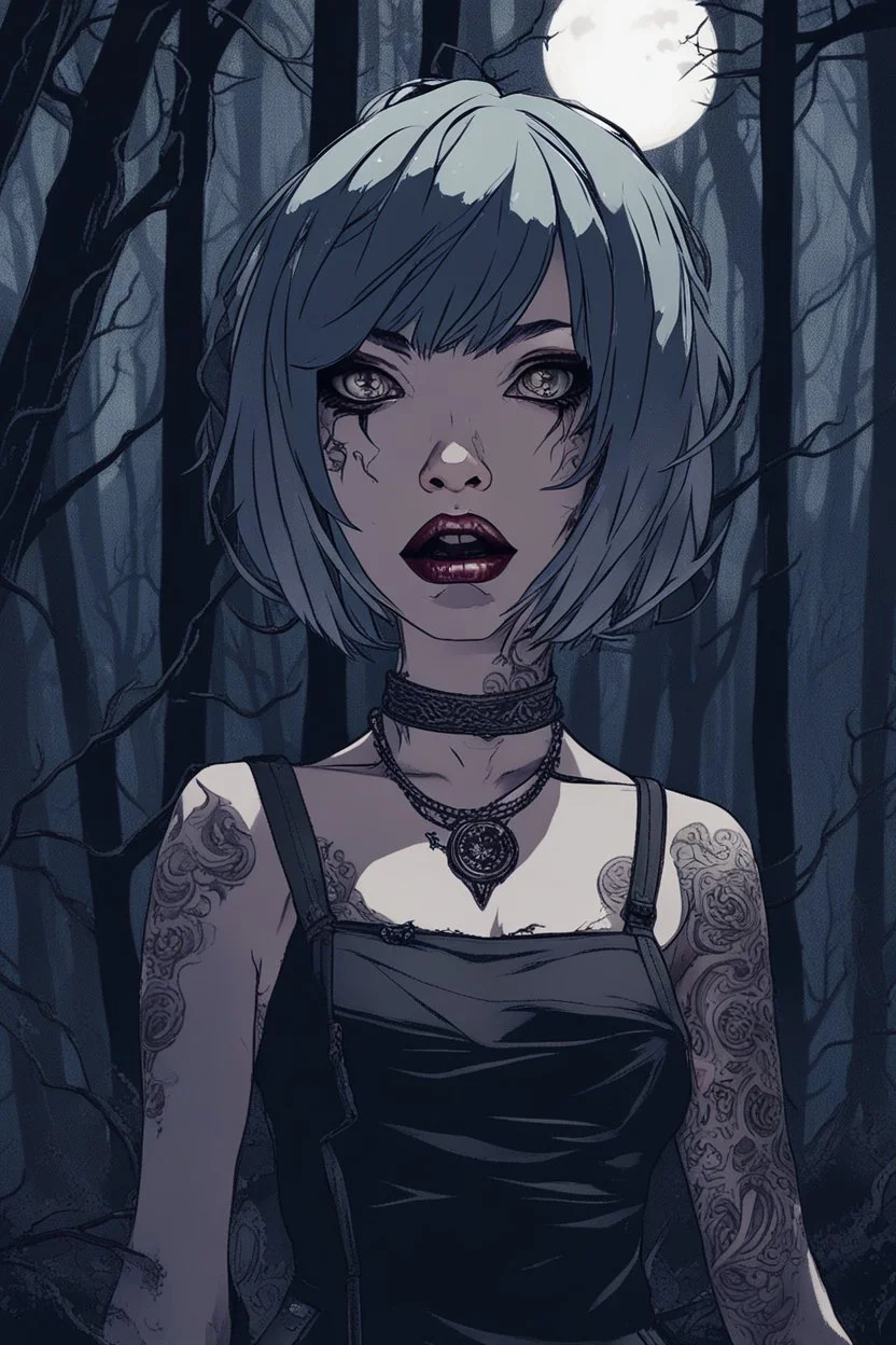 tattooed vampire girl showing fangs with short cropped cyberpunk hair wandering in tangled forest in the moonlight