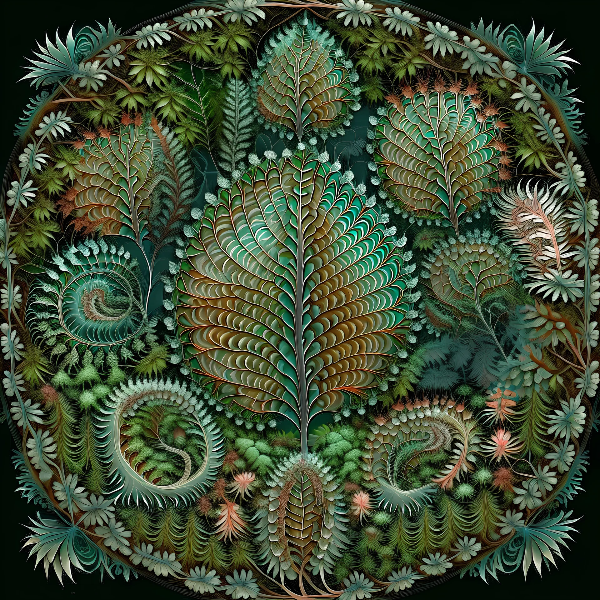 realistic like a photo light colours mandala fractal muschroom forest fern