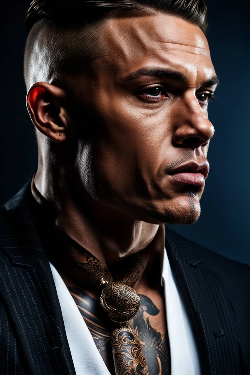 portrait of a 35 year old Handsome muscular male with light bronze skin adorned with tattoos. wearing an expensive suit. photorealistic