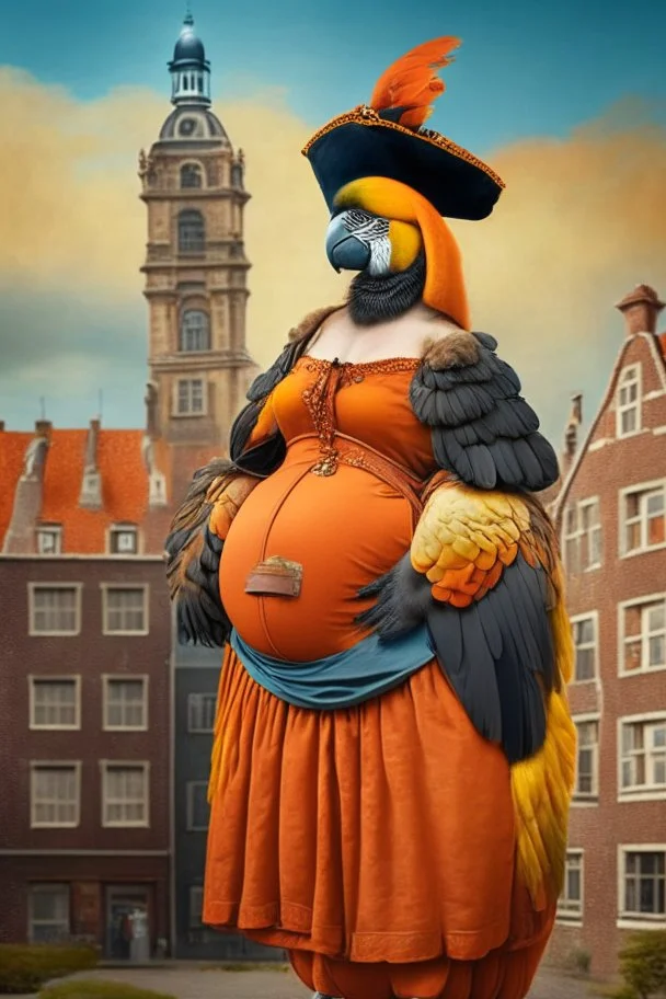 Pregnant Half parrot half human in a old 1700s orange Dutch uniform in front of a Dutch city