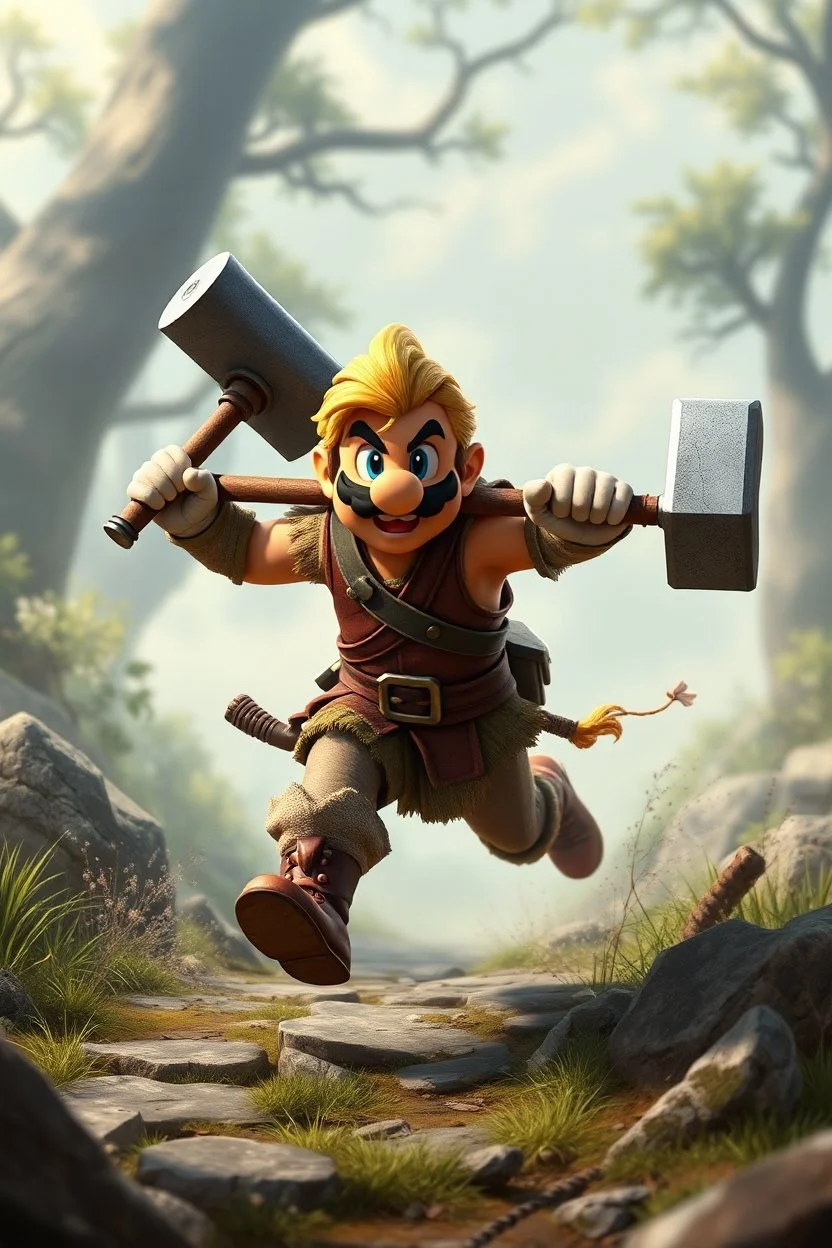 Male Fantasy RPG character, barbarian, chaabi kawaii Mario proportions, lord of the rings inspiration, with hammer, in a bounding run, cgi animation character