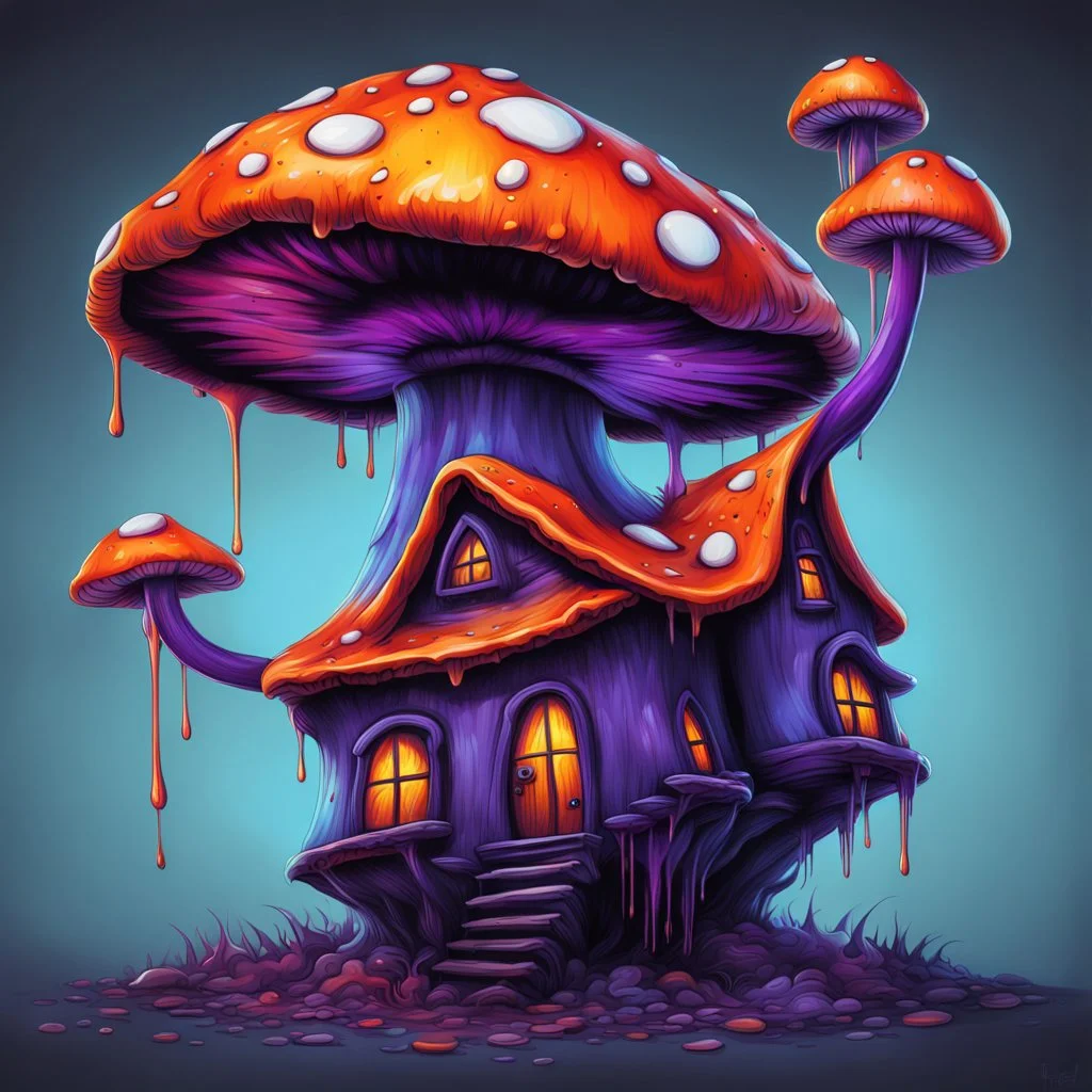 A weird mushroom house with drippy spots and eyeballs on a floating island. black purple blue orange Detailed gloss Painting, rich color, fantastical, intricate detail, splash screen, hyperdetailed, insane depth, concept art, 8k resolution, trendi