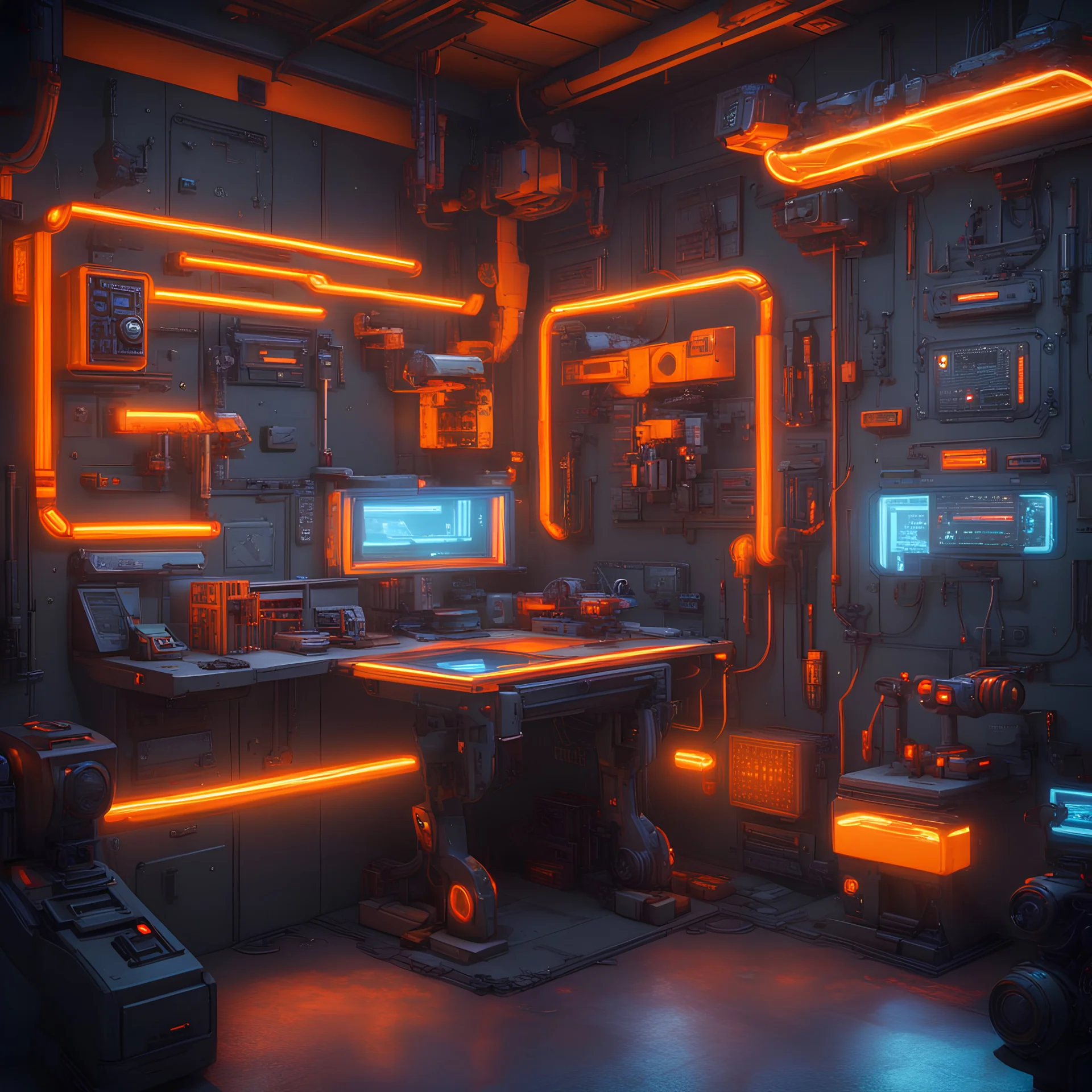 cyberpunk gun crafting station, orange lights, sci-fi room, robotics