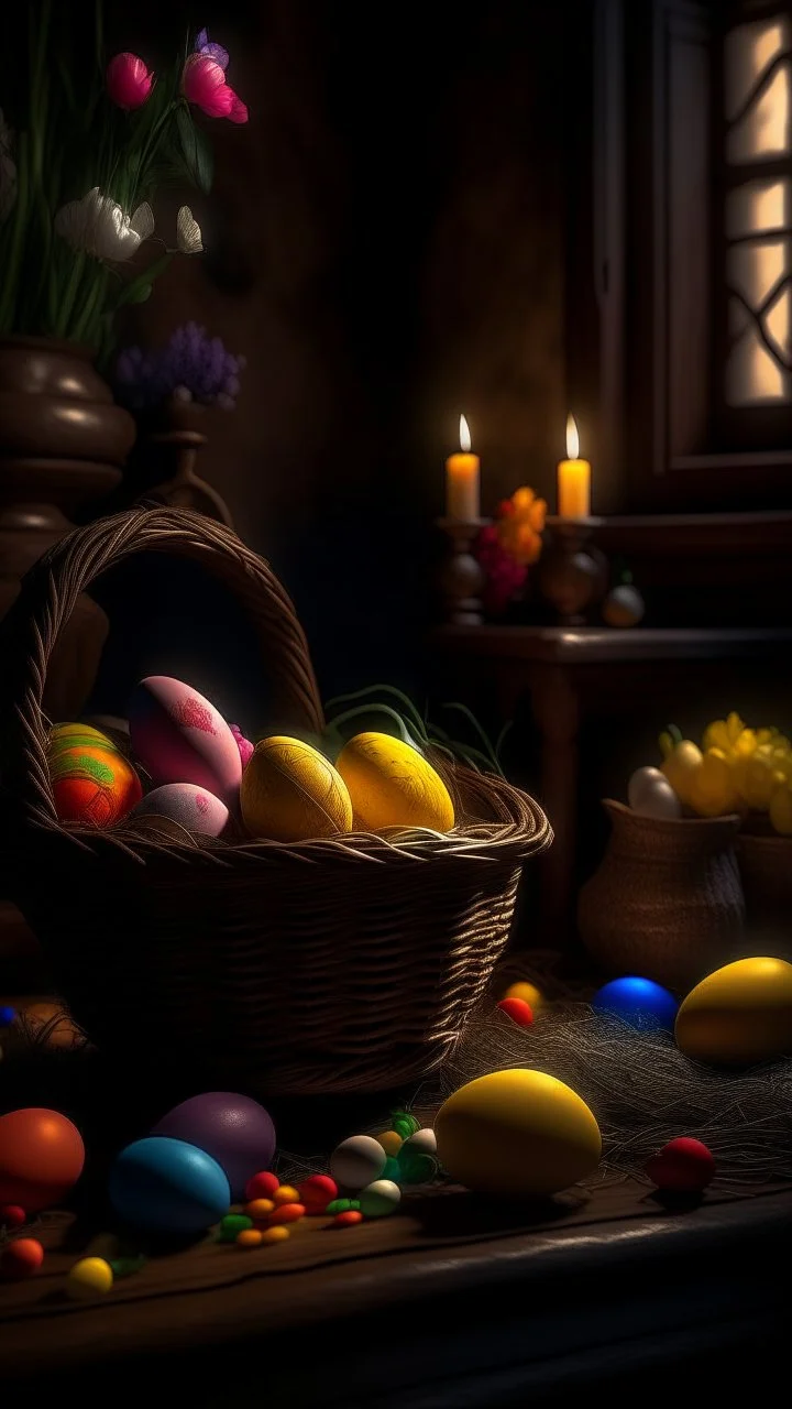 Bosch nightmares paining style Title:a basket with and a colourful Eggs ,and candle, with flowers 8k artistic photography, photorealistic concept art, soft natural volumetric cinematic perfect light, chiaroscuro, award-winning photograph, masterpiece, oil on canvas, Raphael, Caravaggio, Greg Rutkowski, people, beksinski, Giger