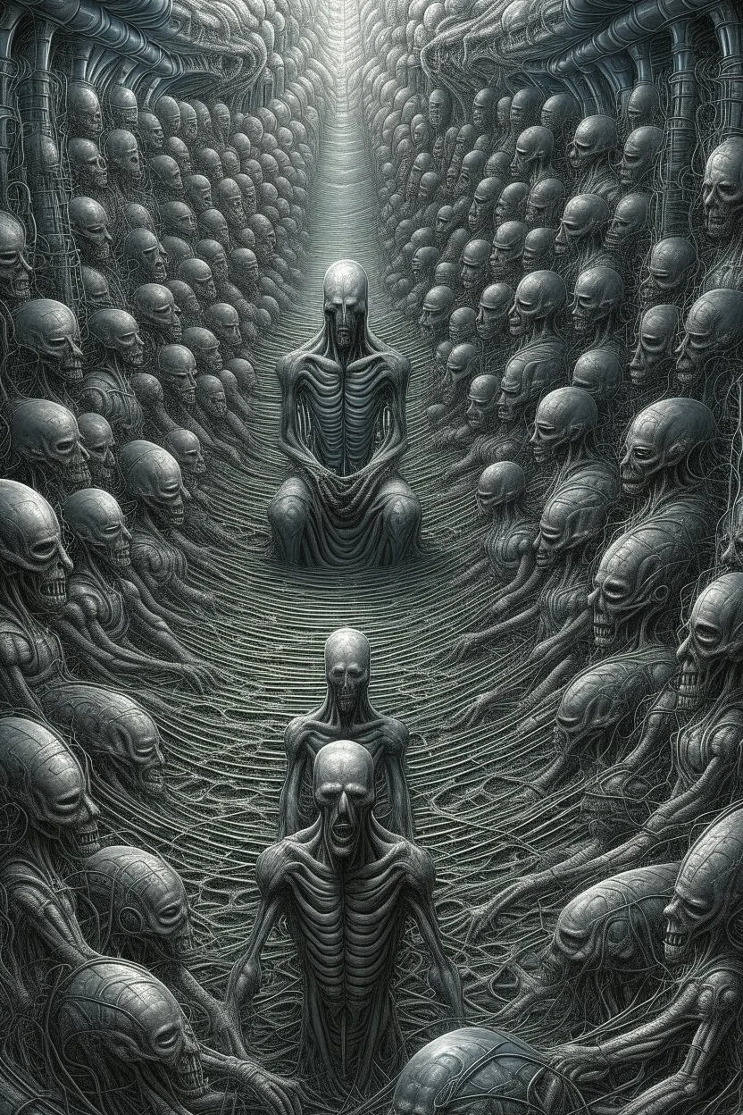 A field of thousands hands inside a human cell , a thin line draw ،front view camera, surreal horror, biomechanical design, by hr giger and beksinski , Busch painting style