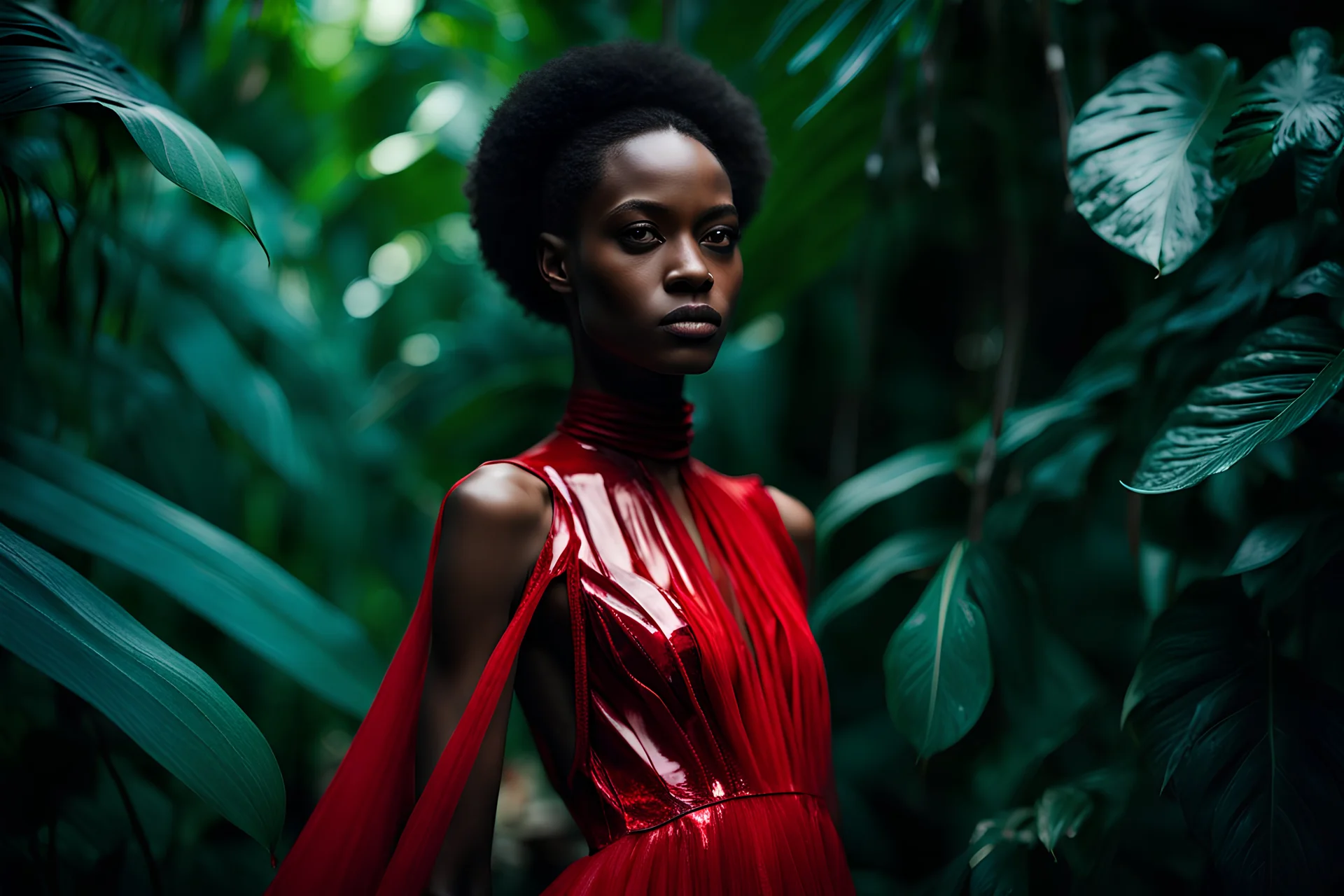 cinematic, photo, a young african woman dressed in a red glass dress, catwalk in the jungle, maison margiela, fashion movie, realistic skin, detailed face, Close-up shot, Canon EF 50mm f/1.2L USM lens on a Canon EOS 5D Mark IV camera