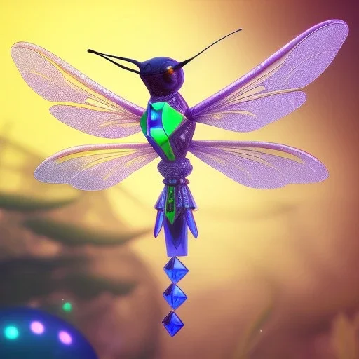 crystal dragonfly, humming bird, fantasy art, Unreal Engine 5, lens macro,sharp focus, realistic, hyper detailed, studio lighting, neon light ambient,