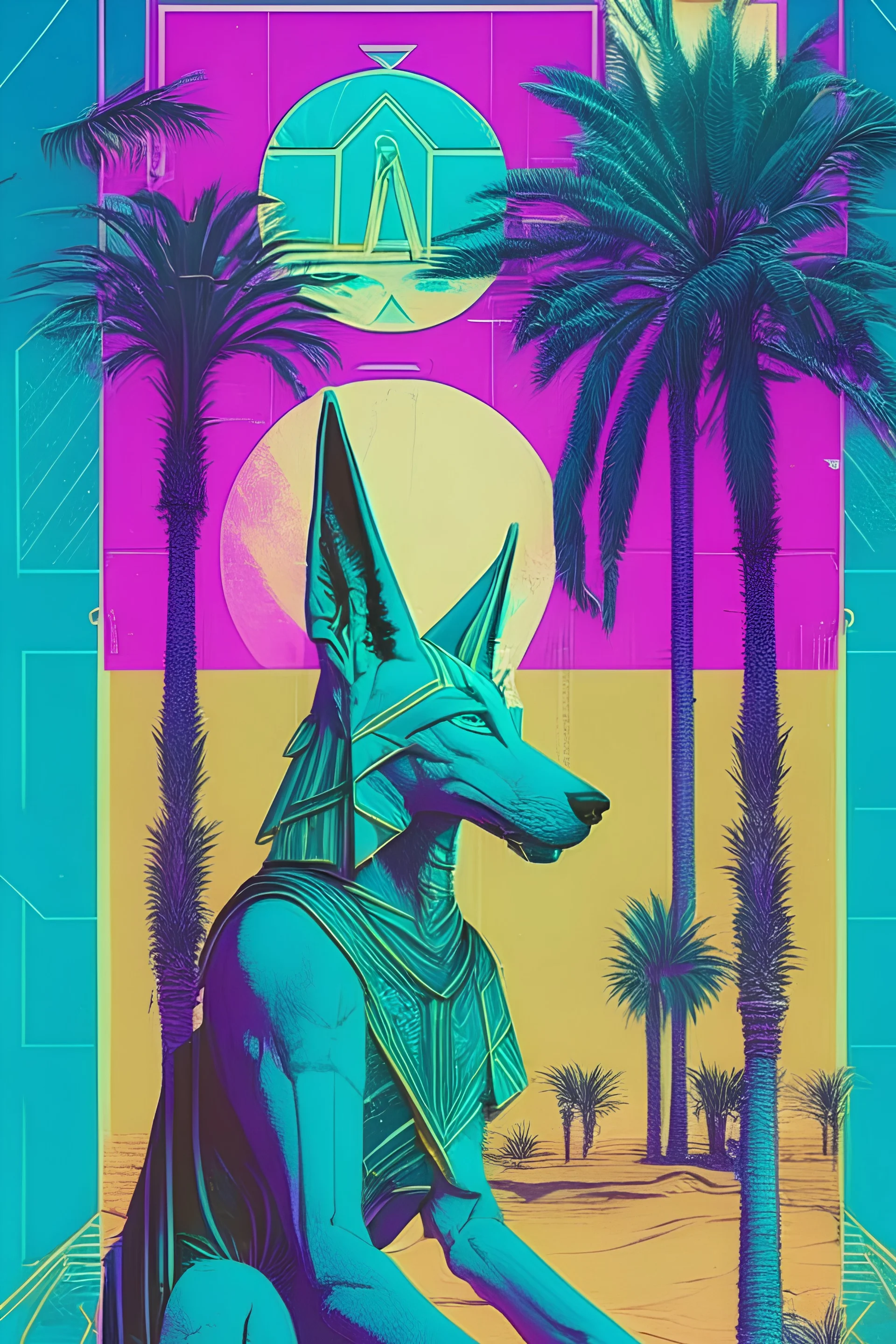 vaporwave, tarot card, palm trees, anubis