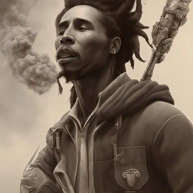 bob marley , unreal engine 5, artistic lighting, highly detailed, photorealistic, fantasy ,hazel eyes . smoke