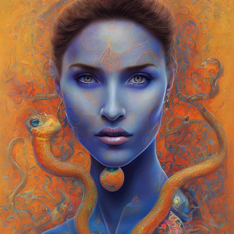 portrait femme à tête de serpent Inde bleu psychédélique peinture à l'huile