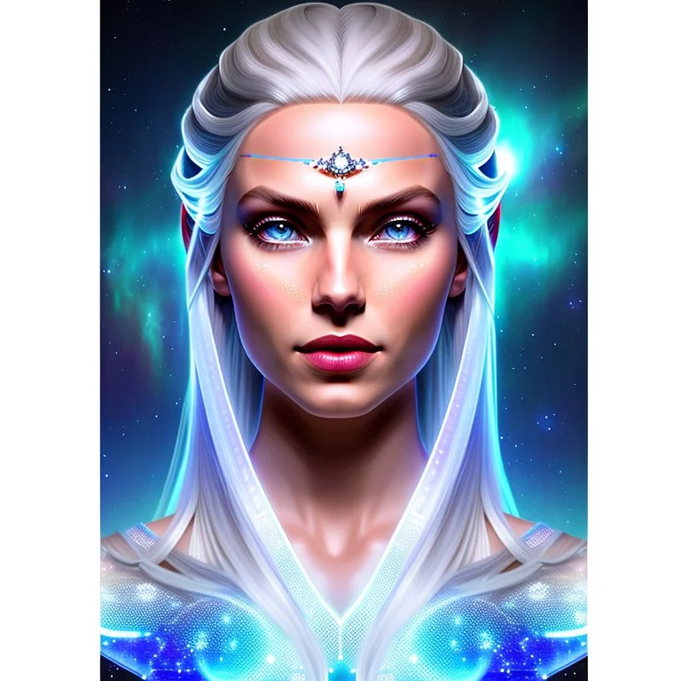 Lexica Aperture v2 style ! dream symmetry!! (((happy, joyful, smiling portrait)))+++, white hair, blue eyes, Brigitte Bardot, diamond third eye, spiritual gradient, gaia, chakra, universe, sci - fi, glowing lights!! intricate, space station, elegant, highly detailed, digital painting, artstation, concept art, smooth, sharp focus, illustration, art by artgerm and greg rutkowski and alphonse mucha