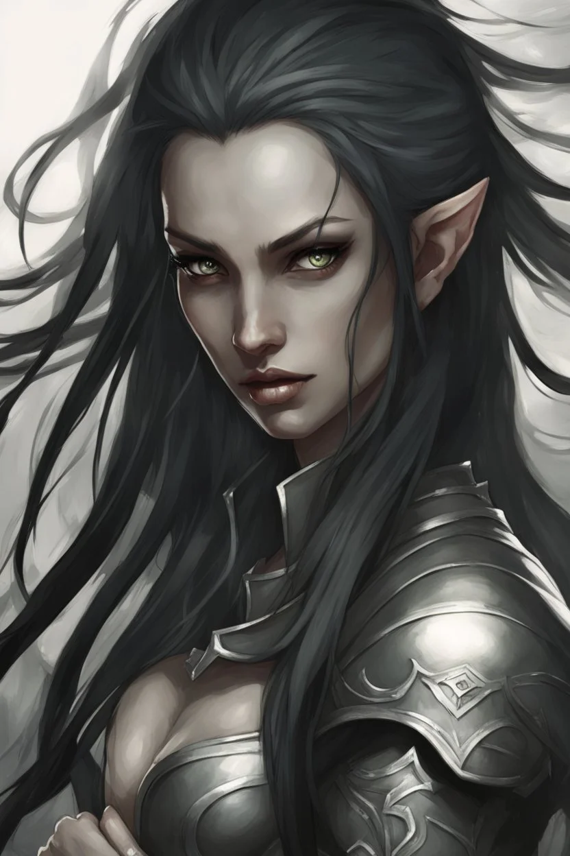 SA female elf with skin the color of storm clouds, deep grey, stands ready for battle. Her long black hair flows behind her like a shadow, while her eyes gleam with a fierce silver light. Despite the grim set of her mouth, there's a undeniable beauty in her fierce countenance. She's been in a fight, evidenced by the ragged state of her leather armor and the red cape that's seen better days, edges frayed and torn. In her hands, she grips two daggers, add dark shadow mystic purple flames