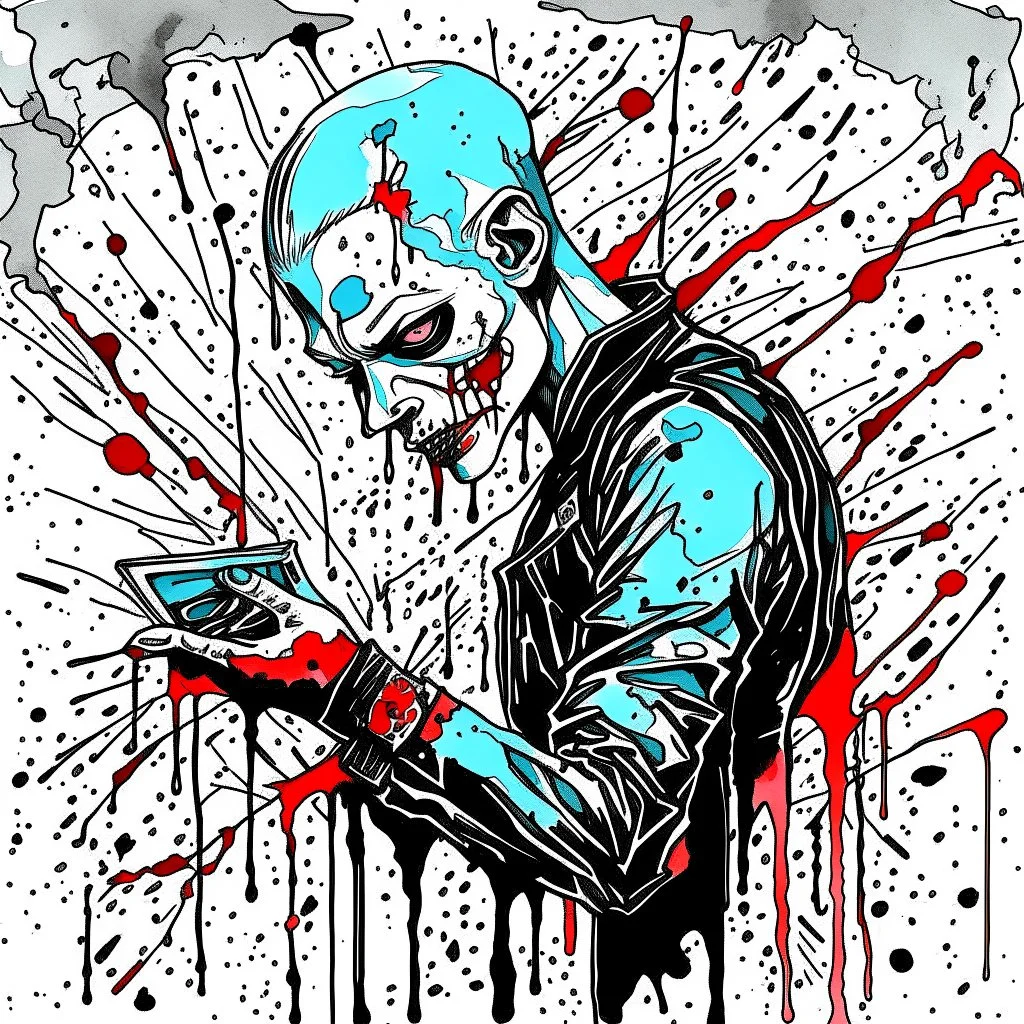 ultra cyberpunk, zombie eating, cyan-black, watercolor painting by fountain pen, ink drip, red splatter marks, dramatic kinetic scene, minimalist cartooning.