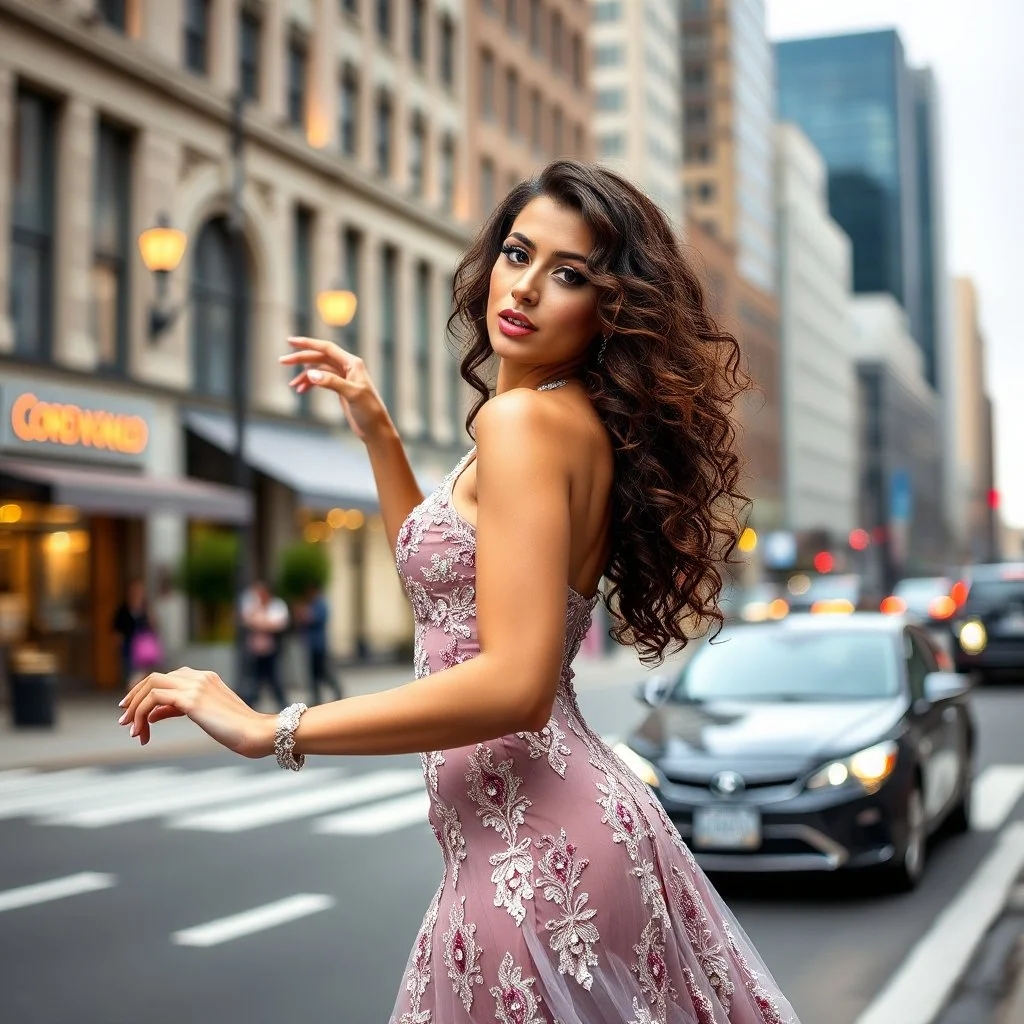 very beautiful lady with makeup long curly hair pretty prances jeweled full body dress_posing_to_camera in a modern city street
