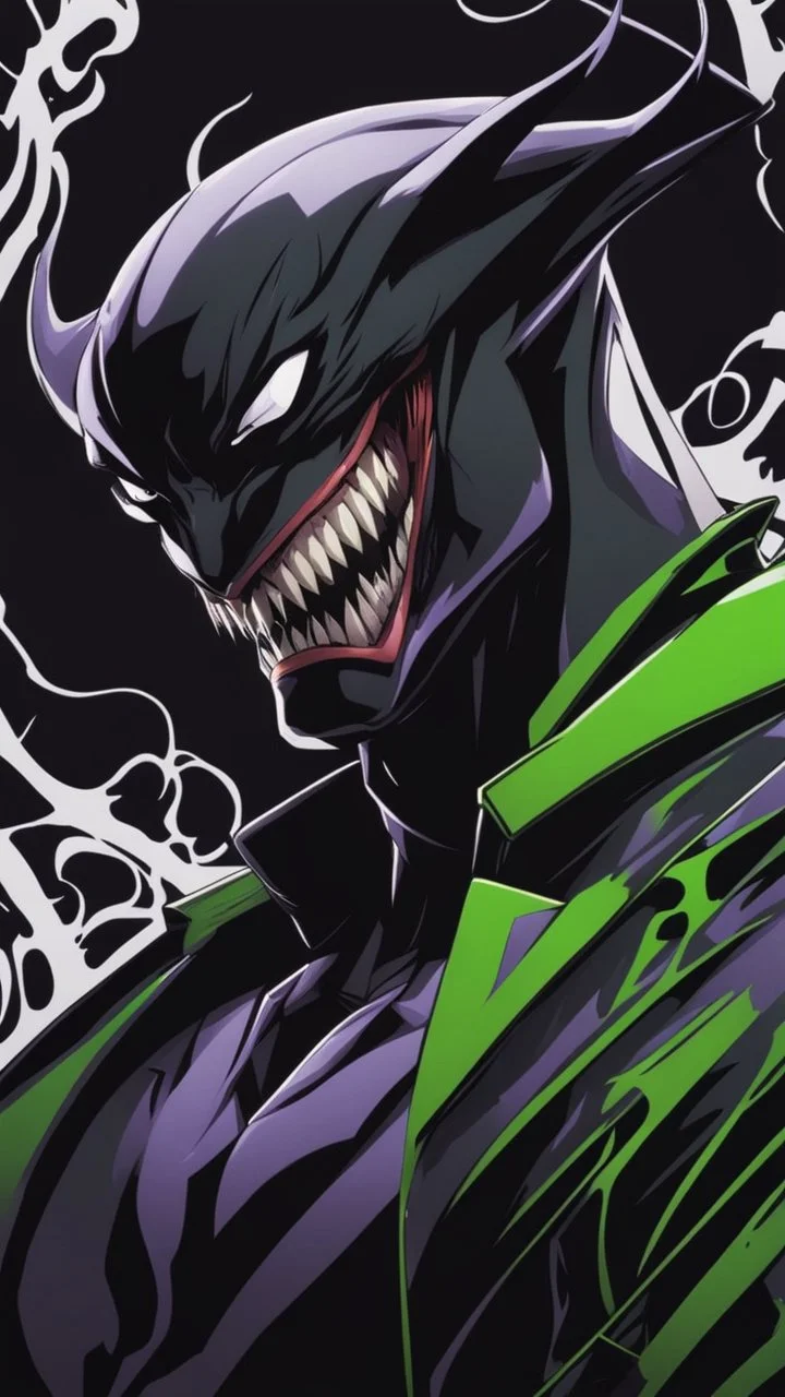 A very close picture to Mix between the joker and venom symbiote in solo leveling shadow art style with neon green details