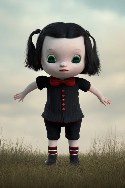 Wednesday Addams toddler, full body, jump, bokeh, hyper realistic