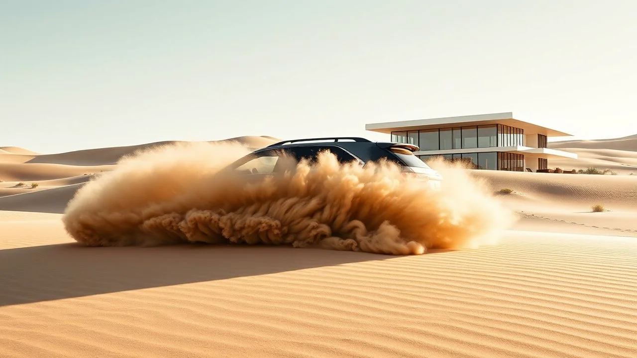 A captivating image captures a dynamic moment of an SUV navigating through a vast desert landscape, expertly juxtaposed with the serene elegance of a modern house in the background. The vehicle kicks up a large cloud of sand as it maneuvers through the undulating dunes, showcasing its powerful drive and terrain capability. Meanwhile, the stylish home, with its clean geometric lines and extensive use of glass and wood, stands in striking contrast against the arid backdrop.