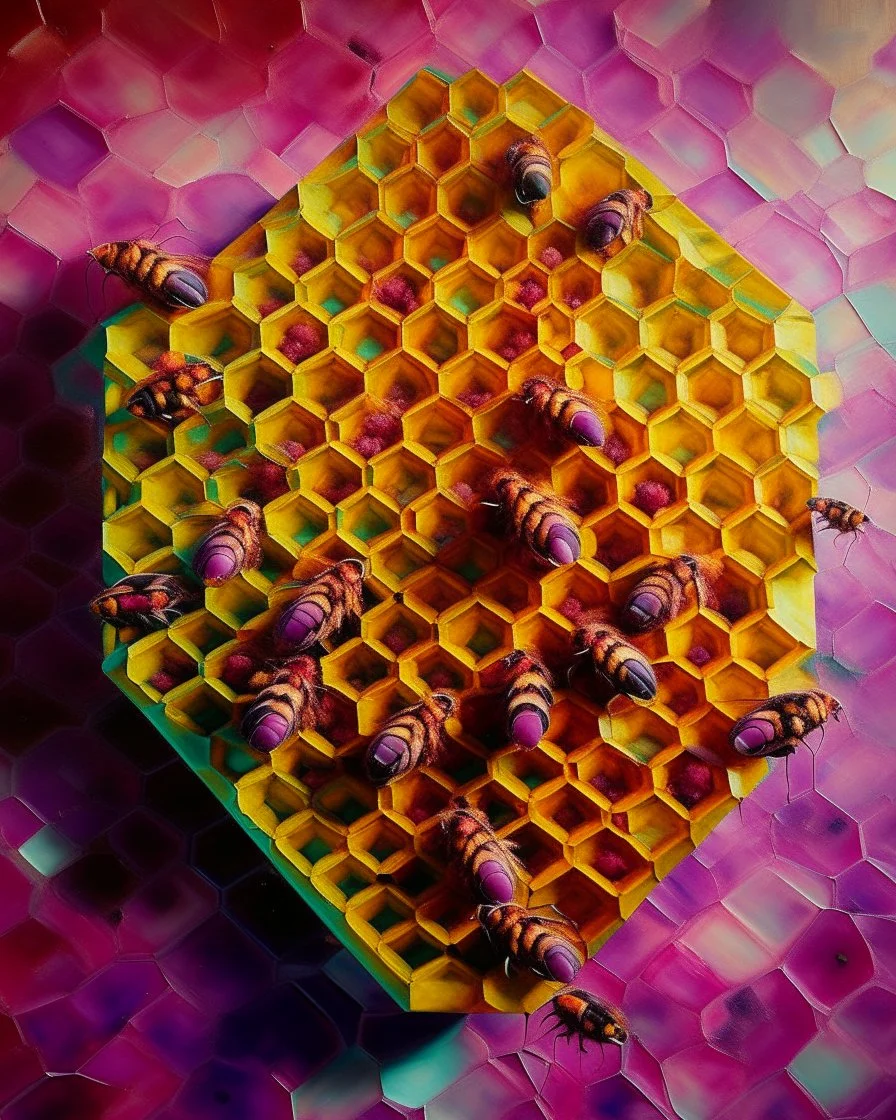 A magenta honeycomb hive with honeybees painted by Paul Cezanne