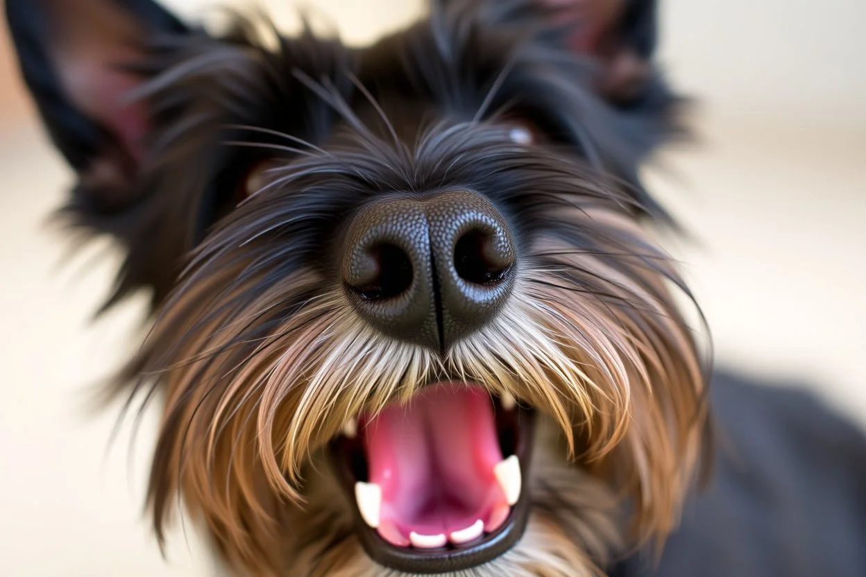 nose mouth and eyes of a Scottish terrier coming up from the side-bottom, mouth open biting