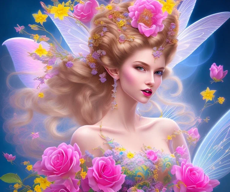 beautiful bright fairy portrait who smiles with long hair, thin face, two hands, 5 fingers, two transparent wings on her back in a pink,blue, yellow flowers background,