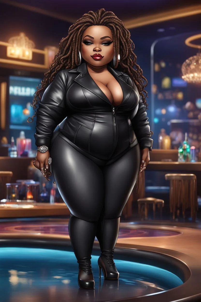 Create a digital airbrush chibi cartoon of a black plus size female wearing a black leather suit with black heels. Prominent make up with brown eyes. Highly detail black shiny locs that flow down her back. Extra-long diamond hoop earrings and jewelry. Background of a night club with a pool table behind her