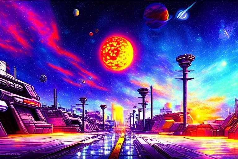 Epic space Cyberpunk street, exoplanet in the sky, impressionism painting