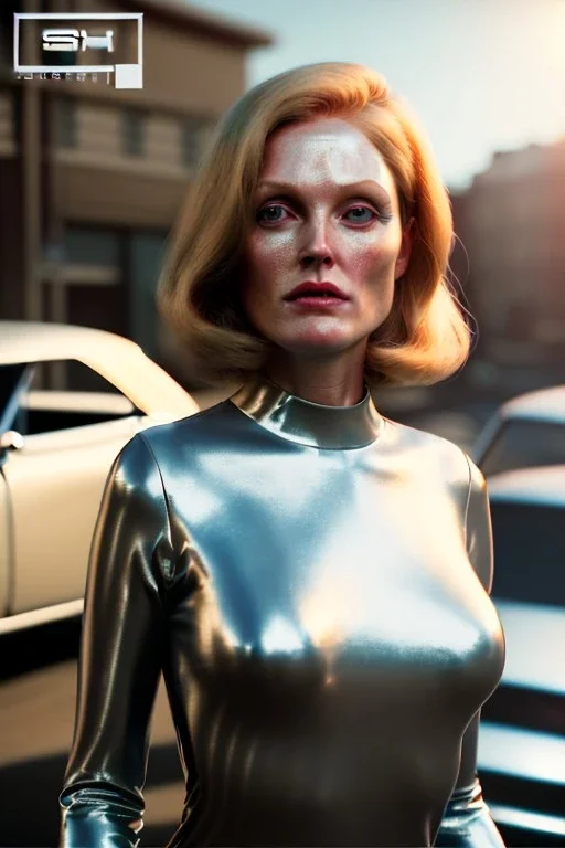 Ultra Realistic retro sci-fi, Supermarket parking scene, 1960 year, blonde woman, sweet young Juliane moore face, x ray lights eyes, face makeup, tight latex coat, levitating cars, many panic people, Retro sci-fi style, soft color, highly detailed, unreal engine 5, ray tracing, RTX, lumen lighting, ultra detail, volumetric lighting, 3d, finely drawn, high definition, high resolution.