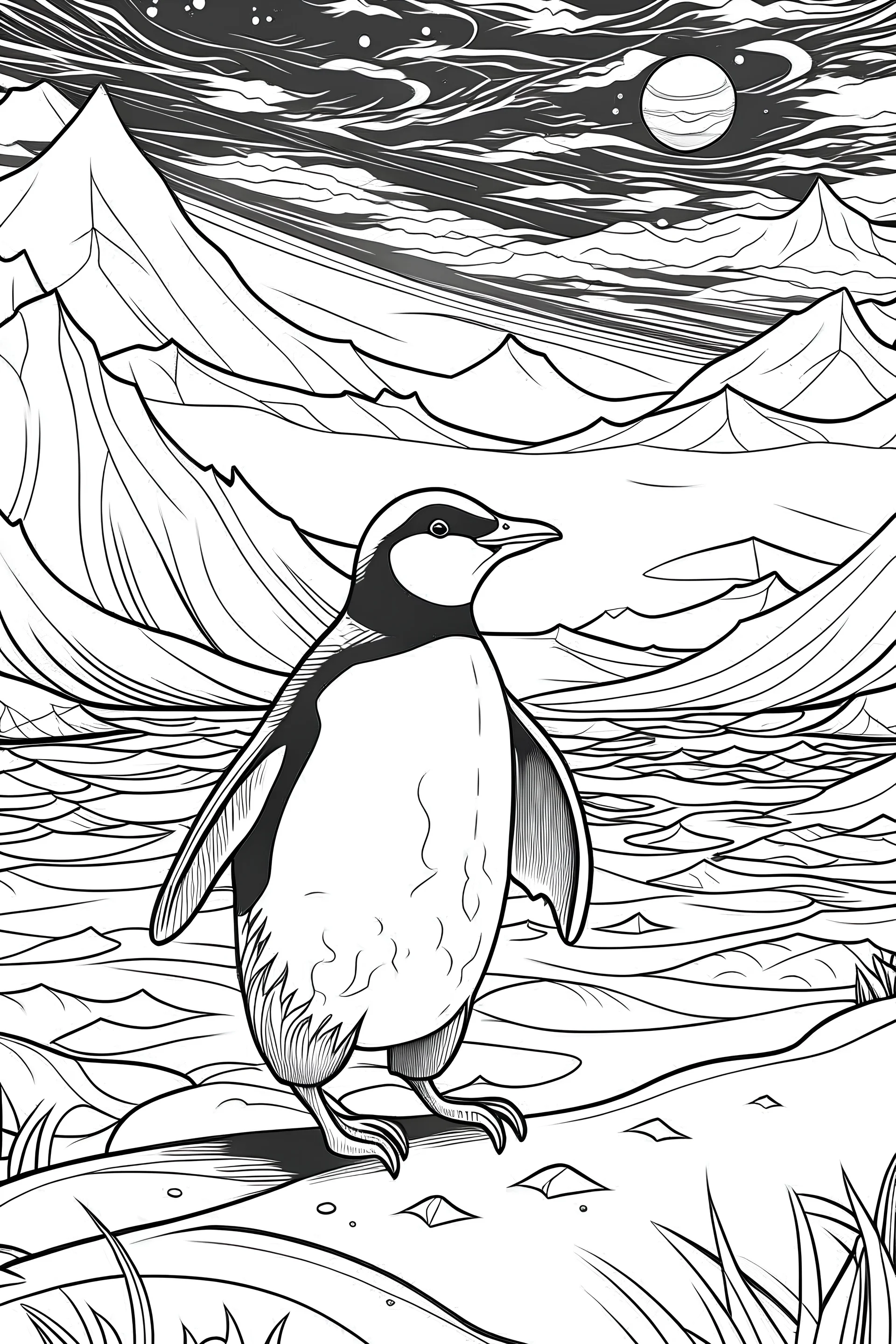 A cute penguin waddling on an icy shoreline, with snow-capped mountains in the background and a sky filled with dancing northern lights.with a pencil sketch in black and white for coloring book