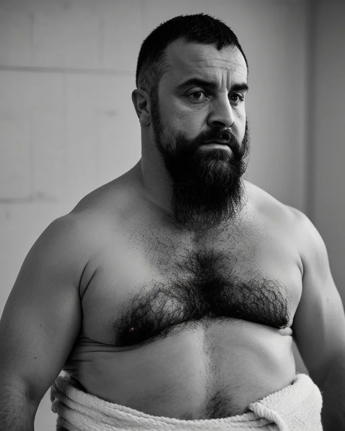 full figure shot photography of a burly chubby turkish prisoner , 55 years old shirtless in white dirty pants, long beard, long hair , in a dark prison, dirty, ugly, bullneck, muscular, manly chest, shirtless, bulge, misery and poverty, emotive eyes, photorealistic, ultradetailed, 32k, side view from below, dim light