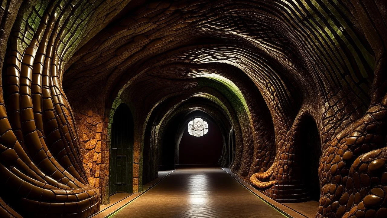 A dark brown underground tunnel with twists and turns painted by Antoni Gaudi