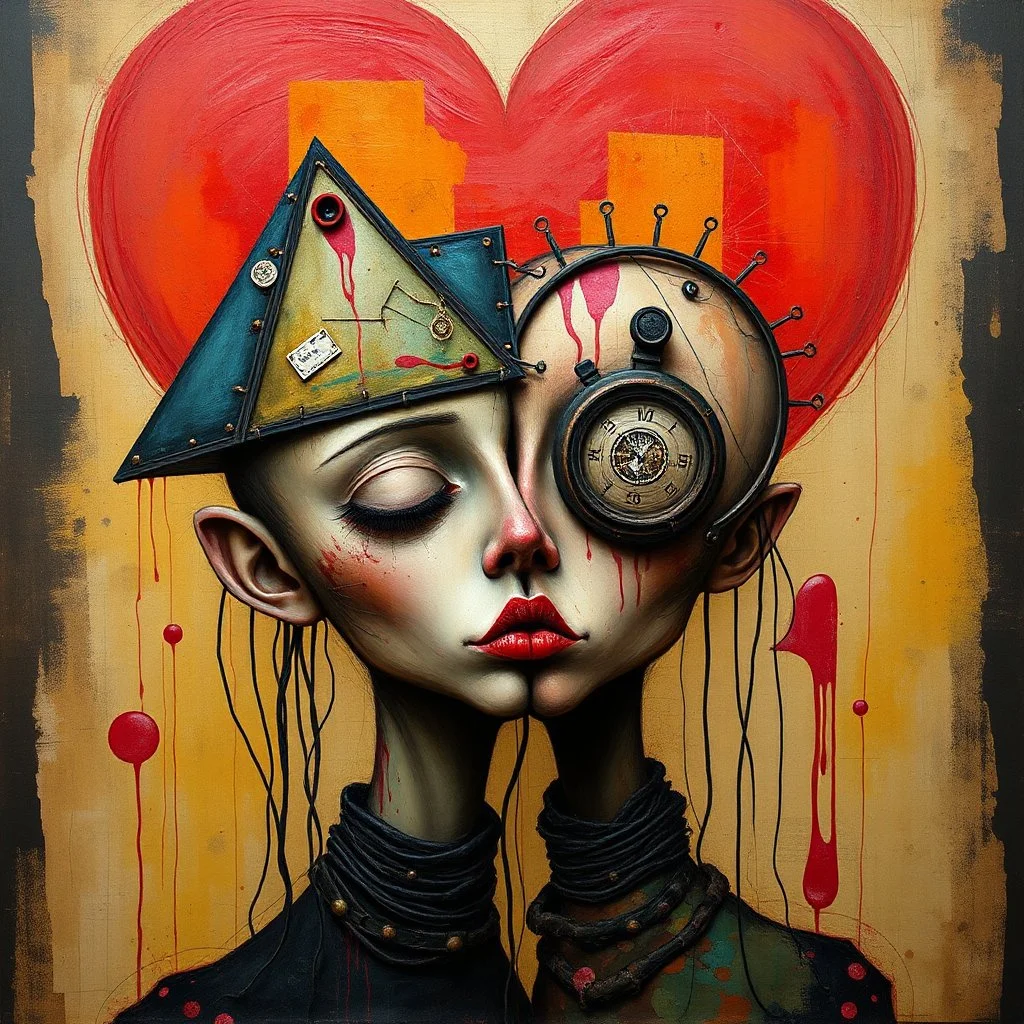 Whimsical kissing: This strange asymmetric abnormal kissable beautylady has a head that looks like a triangle, a square and a circle sewn together with cords. Colorful abstract art, mixed media. Disturbing, turpistic, dark. Scratches. Kissing background.