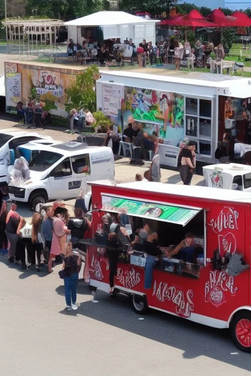 awesome looking food truck with many people lined up . Show the food truck fleet in the background.