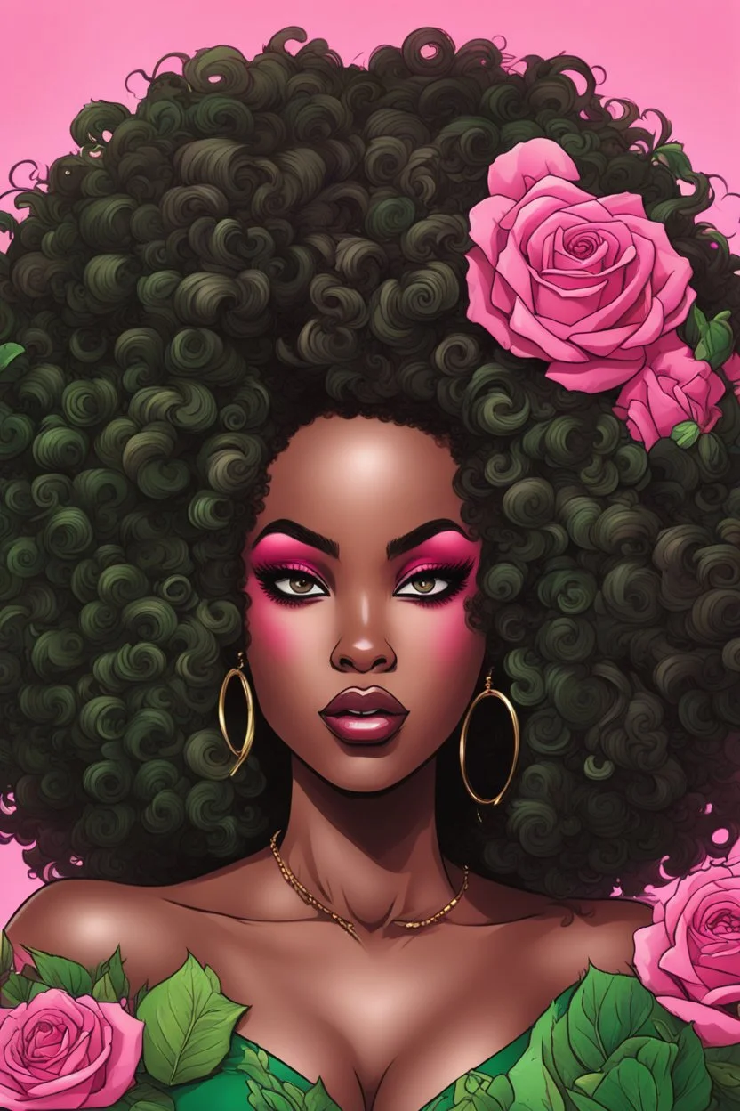 create an comic book art image of an african curvy female looking to the side with a large mane of curly black afro. prominent make up with hazel eyes. Highly detailed hair. Background of pink and green roses surrounding her